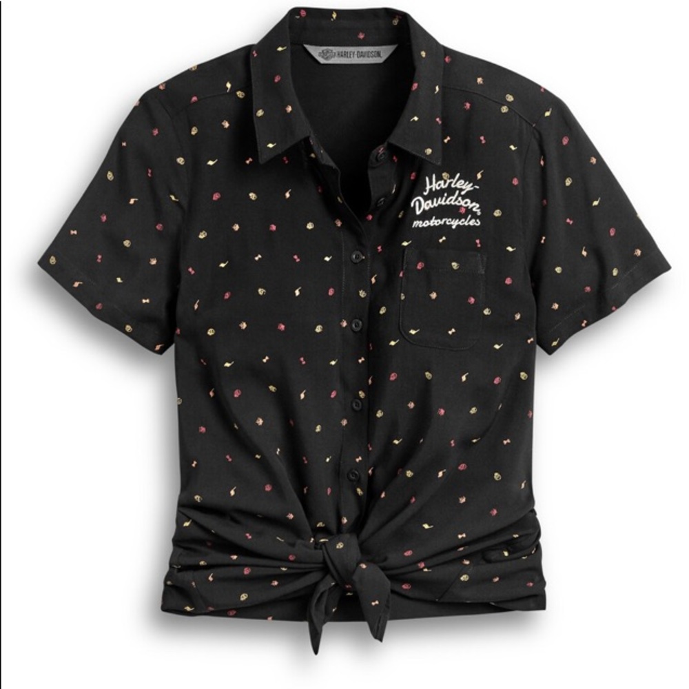 Harley Davidson Women's All over Print Tie-Front Shirt Size Small